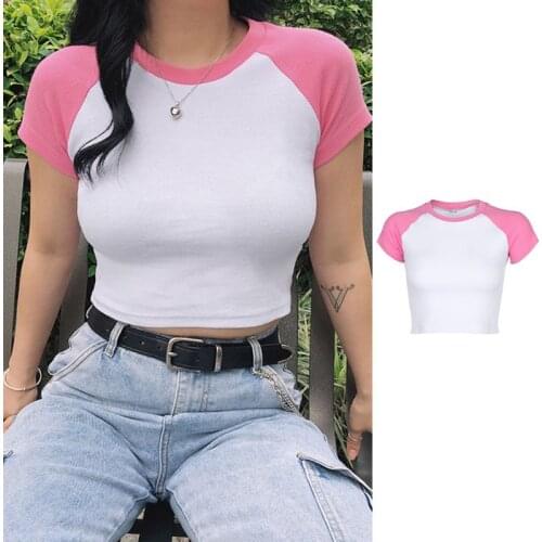 Women Summer Raglan Short Sleeve T-Shirt Contrast Color Bodycon O-Neck Crop Top Y1QD