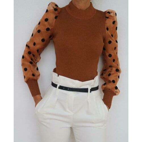 Women Ladies Office Mesh Puff Sleeve Knit Bodysuits Slim Skinny Bodycon Knitwear Casual Jumpsuit Leotard Elegant Body Tops New