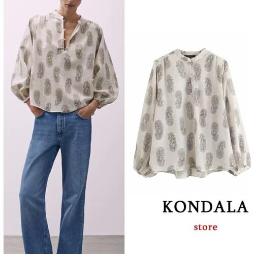 KONDALA Women Chic Geometric Print Loose Shirts Za 2021 Single Button O Neck Casual Blouses Long Sleeve Elegant Mujer Tops
