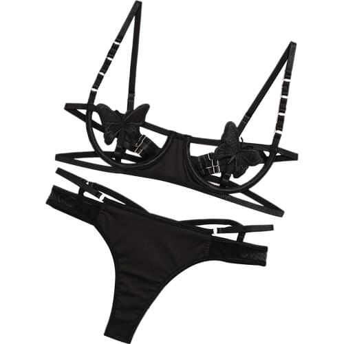 Women’s Lingerie Two Piece Set Fashion Butterfly Embroidery Backless Bra and Hollow Low Waist Thong