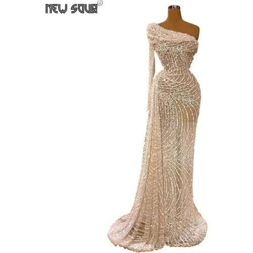 White Dubai Design One Shoulder Party Gown Evening Dresses 2020 Robe De Soiree handmade Islamic Beading Sheer Prom Dress Arabic