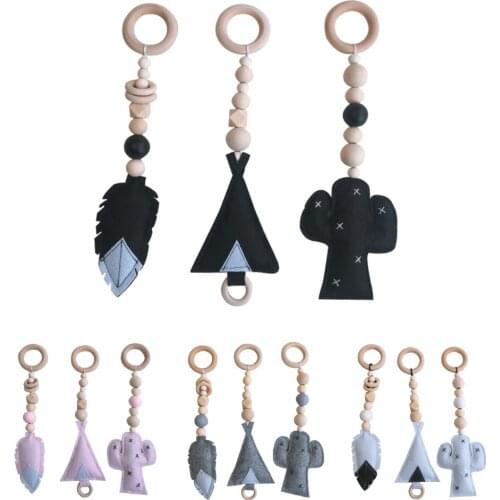 3pcs Ins Nordic Wooden Beads Baby Carriage Ornament Kids Cloth Toys Feather Cactus Shaped Tent Room Hanging Decor Fitness Rack