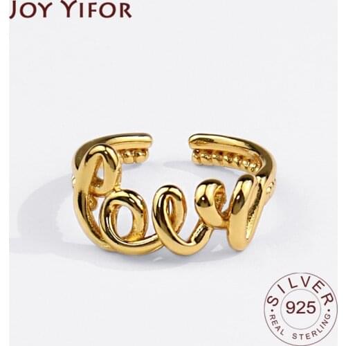 925 Sterling Silver Rings for Women Love Letters Gold Color Wedding Trendy Jewelry Large Adjustable Antique Rings Anillos