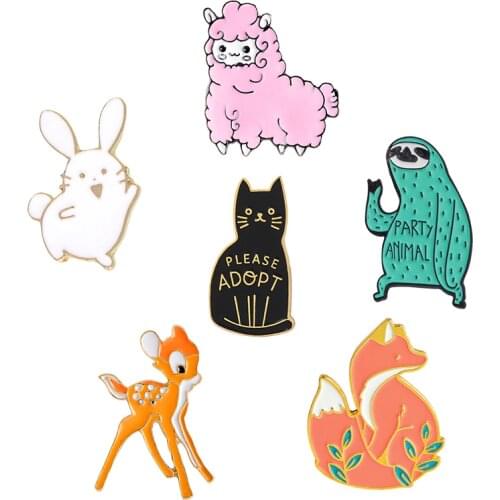 Funny Animal Enamel Pin Cute Rabbit Fox Sloth Deer Cat Sheep Brooches Pins for kids Creative Clothes Backpack Metal Badges