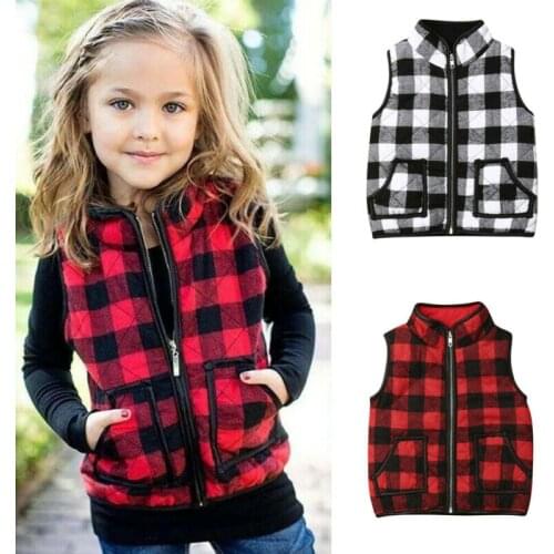 2019 Emmababy Kids Baby Girls Winter Vest Hoodies Waistcoat Coat Jacket Gilet Outwear Plaid Zipper Sleeveless Coat
