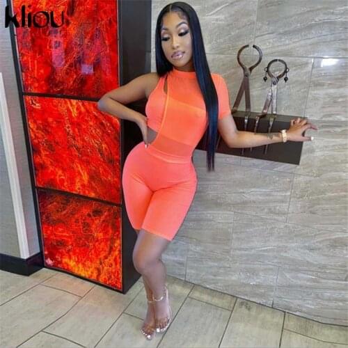 Kliou Patchwork Y2K Two Piece Set Women One Shoulder Crop Tops+Biker Shorts Matching Outfits Hot Body-shaping Female Clothing