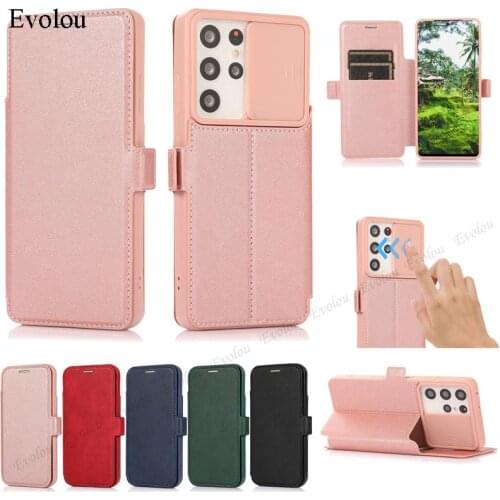 For Samsung S21 Ultra S20 FE Flip Leather Card Slot Case For A72 A52 A71 A31 A32 A21S A02S Slide Camera Leather Protection Cover