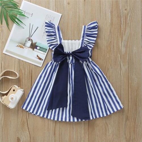 Cute Kids Girls Summer Casual Beach Dress Blue Stripes Ruffle Fly Sleeve Bandage Bow Open Back Vestidos For Baby Children 2021