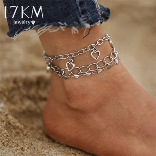 Fashion Multilayer Silver Color Hollow Heart Anklets For Women Geometric Ankle Bracelet Leg Foot Chain Anklets Jewelry