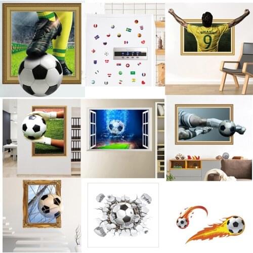 Firing football through wall stickers for kids room decoration home decals soccer funs 3d mural art sport game pvc poster
