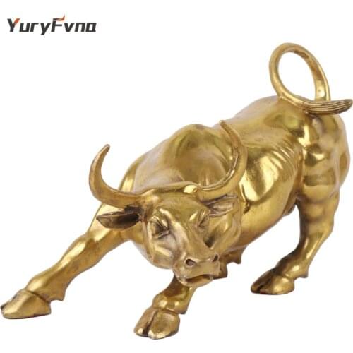 YuryFvna Wall Street Bronze Brass Bull Statue Wall Street Ox Statue Feng Shui Sculpture Home Office Decoration Gift
