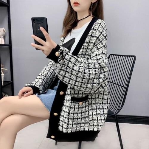 New 2021 Autumn Winter Womens Sweaters Female Buttons Cardigans Ladies Plaid Oversize Long Sleeve Knitted Sweaters Tops H1125