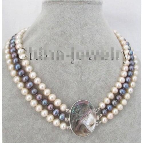 17-19" 3row 8-9mm natural pink & black round freshwater pearl necklace