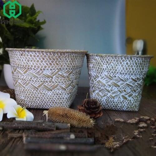Handmade Straw Storage Basket Laundry Picnic Toy Storage Container Woven Flower Pot Retro Plant Basket Home Decoration