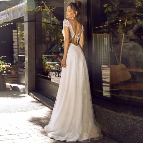 2020 Bohemian Wedding Dress V Neck Cap Sleeves Open Back Lace Tulle A Line Wedding Gowns for Bride Tv09