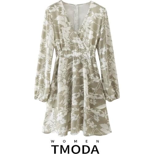 TMODA1762 Za 2021 Summer Women Floral Print Chiffon Dress Ladies V Neck Long Sleeve Females Mini Dresses Vestidos