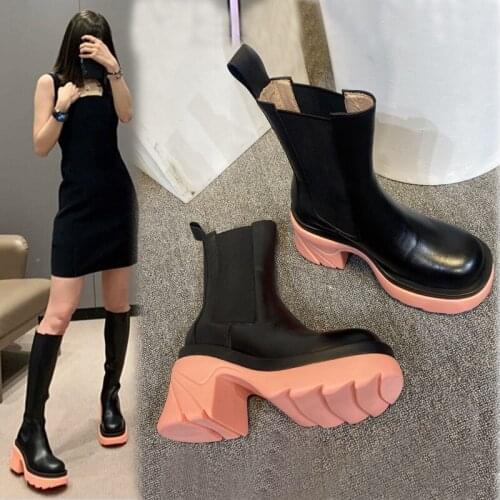Autumn New Chelsea Boots Thick High Heels Slip On Ankle Boots Women Round Toe Platform Shoes Women Fashion Winter Botas de mujer