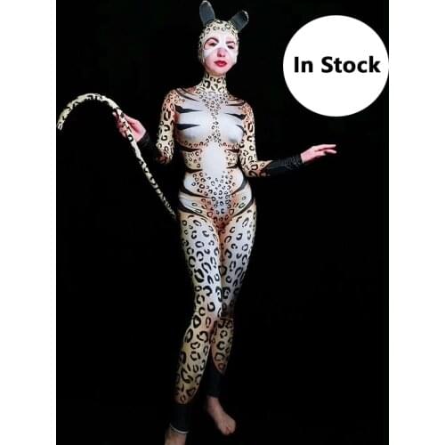 Leopard Pattern Cat Role Performance Masked Jumpsuits Women Halloween Cosplay Costume Bar Party Elastic Stage Wear Lady DT1678