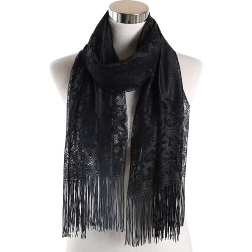 Winfox Fashion Black Red Lace Scarf Women Female Hollow Tassel Scarves Shawl Floral Print Muslim Hijab