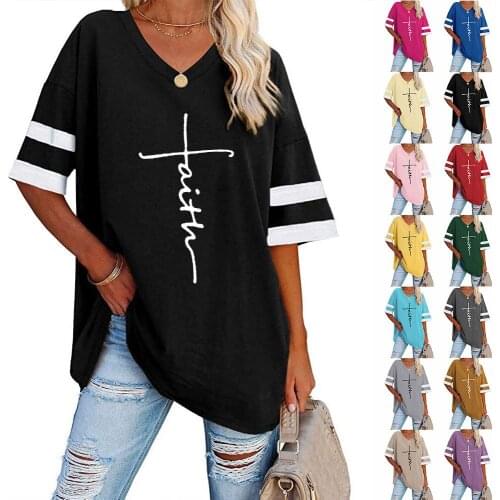 Large female top cross letter print V neck contrast color waist T-shirt