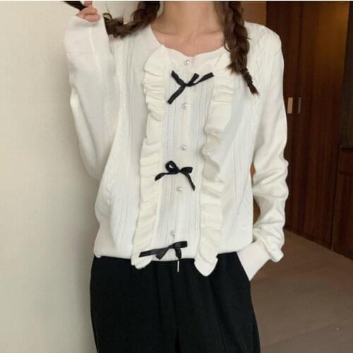 Cardigans Women Knitted New Year Vintage Burgundy Bow Single Breasted O Neck Sweet Ruffles Korean Style Girls Leisure Sweaters