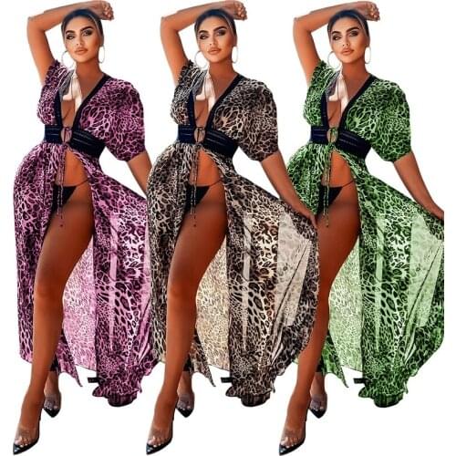 Summer Leopard Print Women Long Chiffon Dress Sexy Deep V Neck Lace Stiching Beach Cover Up Long Cardigan Maxi Dress S-XXL