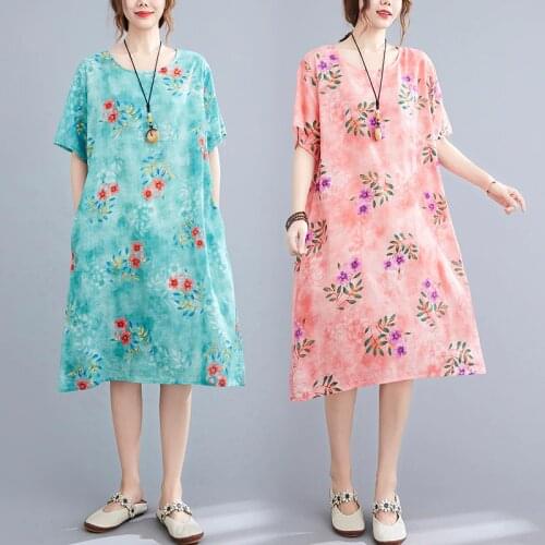 Thin Soft Cotton Linen Loose Summer Dress 2021 New Arrival Print Floral Dress Holiday Travel Casual Women Beach Style Dress