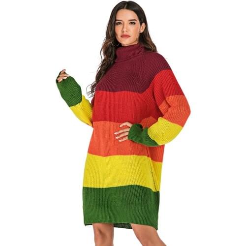 MODX 2021 Autumn Fashion Knit Turtleneck Long Sleeve Sweater Dress Women Elegant Patchwork Hit Color Casual Loose Warm Dress