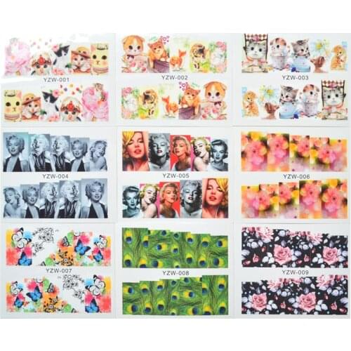 YWK 10 Sheets Nails Art Water Transfer Stickers Decals Mixed Flower Cat Designs Nails Wraps Temporary Tattoos Watermark Tool