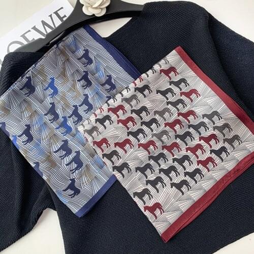 100% Silk Scarf Bandana Unisex Man Women Square Kerchief Horse Print Small Headband Turban Bow Tied 53*53cm