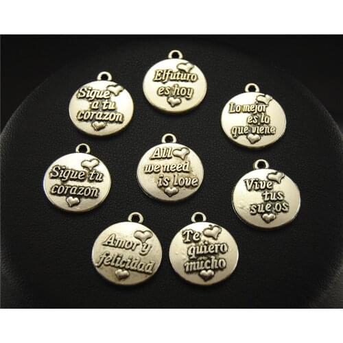 20pcs Silver Color spanish language for love Round Charm Pendant DIY Necklace Bracelet Bangle Findings 16mm A1624-1631