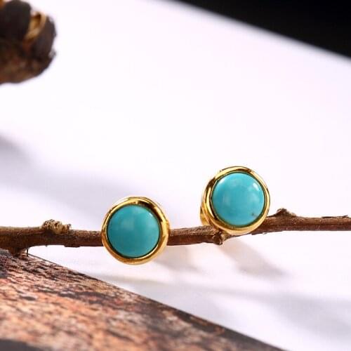 2018 New Silver S925 Pure Silver Turquoise Inlaid Circular Ear Studs, Japan South Korea