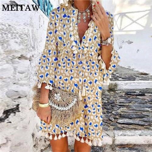 2021 Spring Summer Women Beach Dress Ladies Casual V Neck Tassel Loose Dress Female 3/4 Sleeve A Line Sundress