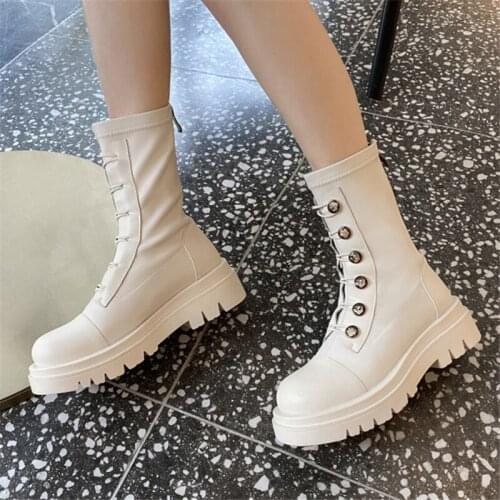 PXELENA Punk Goth Button Winter Snow Shoes Women Chunky Block Med Heels Platform Combat Motorcycle Ankle Boots Plus Size 34-43
