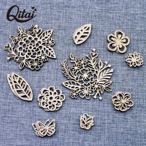 QITAI 33Pcs/lot Flowers and leaves and butterflies Wood Crafts DIY Scrapbooking Embellishments Home Decoration accessories WF307