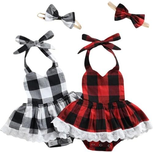 Children Clothes Girl Toddler Baby Girl Christmas Outfits Tie-up Lace Plaid Halter Romper Jumpsuit Dress with Bowknot Headband