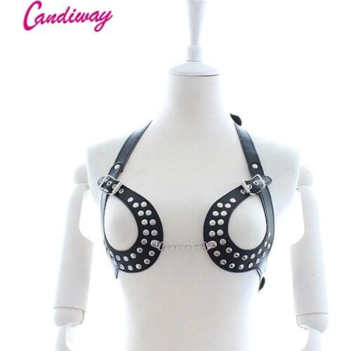 Fetish Chain Breast Chest Harness PU Sexy Open Bra BDSM Bondage Restraints Elasticated Strap on Sexy Club Sex Toys For Woman