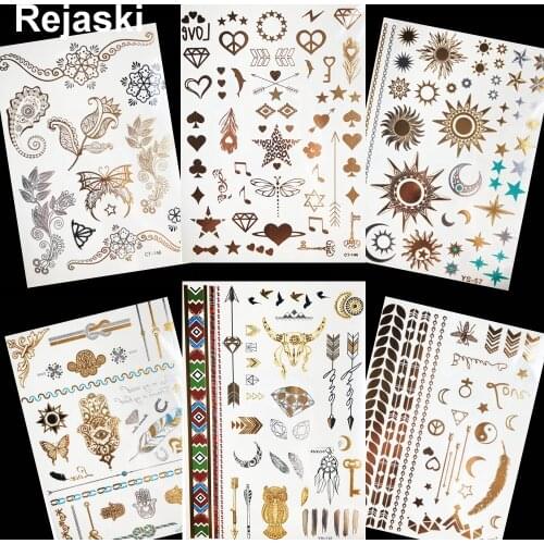 Love Stars Gadgets Gold Metallic Temporary Tattoo Girls Hands Arrow Tattoo Stickers Children Arm Bird Flash Tatoos Horn Body Art