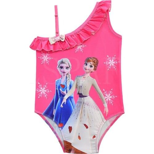 Disney Frozen Summer Baby Girl Slanted Shoulder One-piece Swimwear Kid Cartoon Beach Sloping Swimsuit Swim Wear Suit Set