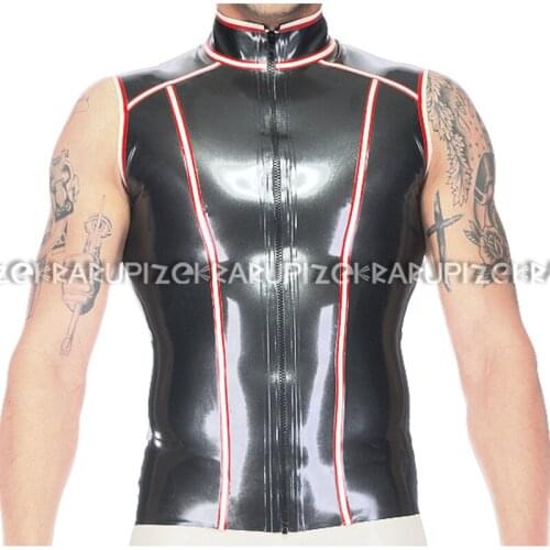 Pewter With White And Red Sexy Latex Shirt With Zipper At Front Sleeveless Rubber Top Clothes Clothings YF-0188