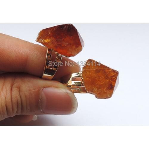 Natural Yellow Quartz Crystal Point Irregular Ring Of Gold Cladding Adjustable