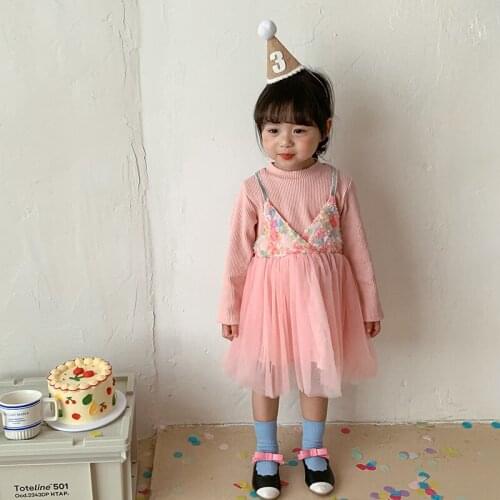 Autumn new girls' fake two-piece mesh long sleeve dress colorful flower baby girl Princess Dress kids clothes