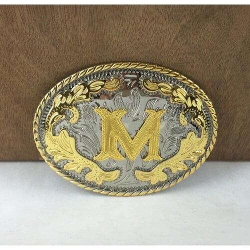 BuckleClub wholesale western flower letter M cowboy belt buckle FP-03702-M gold with silver FINISH 4cm width loop