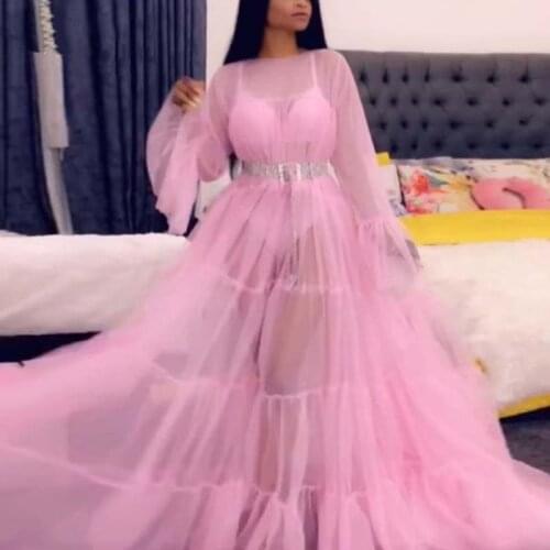 Pink Prom Dresses A-line Long Sleeves Tulle See Through Sexy Long Prom Gown Evening Dresses Robe De Soiree