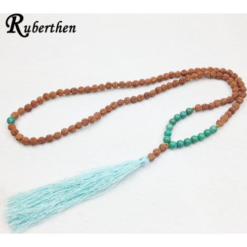Ruberthen Fashion Stone 108 Mala Beads Necklaces Third Eye Chakra Necklace Bohemian Tassel Necklace Knotted Stone Jewelry