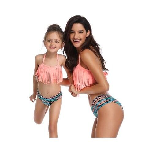 Family Matching Swimwear Stripe Mother Daughter Bikini Sexy Tassel Swimsuits Look Dress Swimming Bath Mommy Dad and Me Clothes