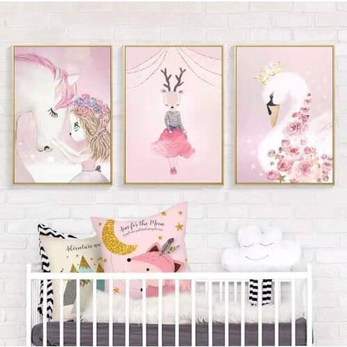 Nordic Cartoon Childrens Room Bedside Posters And Prints Pink Girls Bedroom Canvas Decoration Paintings