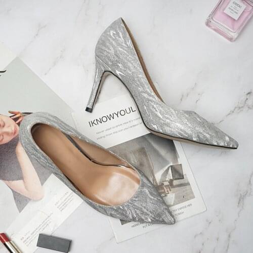 British Style Glitter High Heel Pointed Toe Asakuchi Shoes Pumps 6cm 8cm Stiletto Wedding Shoes 33-42 Silver Pink