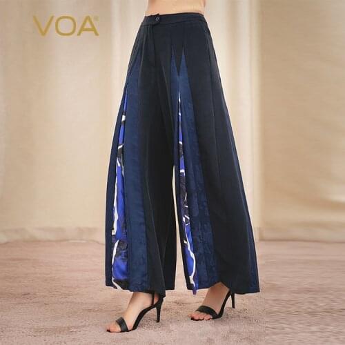 VOA 40m/m Silk Dark Blue Printing Bump Spring Women Bottoms Pants K1100 Natural Waist Office Lady Gothic Wide-legged Trousers