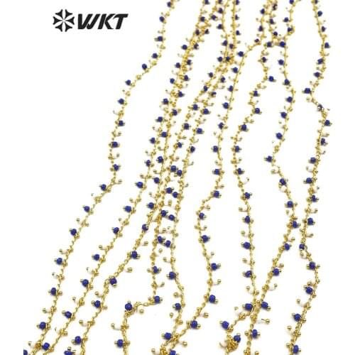 WT-RBC127 10 meter Stone Chain White & Blue Stone Beads With Gold Electroplated Chain 3 MM Beads Chain For Jewel Making